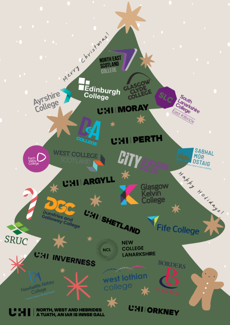 A coourful, cartoon christmas tree with the logos of colleges decorating the tree as baubles, along with some stars and gingerbread men and candy cane.
